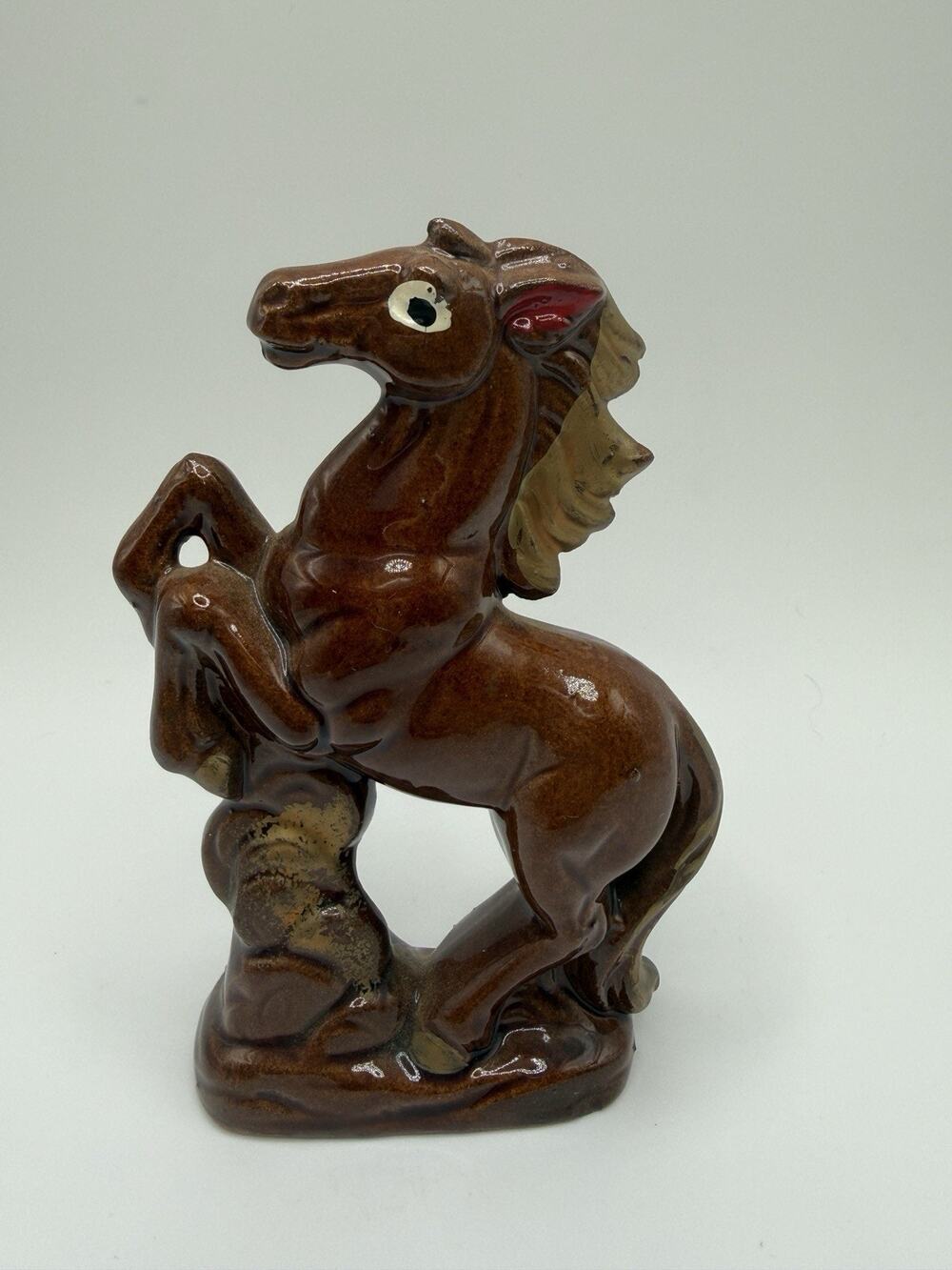 Vintage 1950s Porcelain Horse Figurine MCM Dark Brown Rearing Up